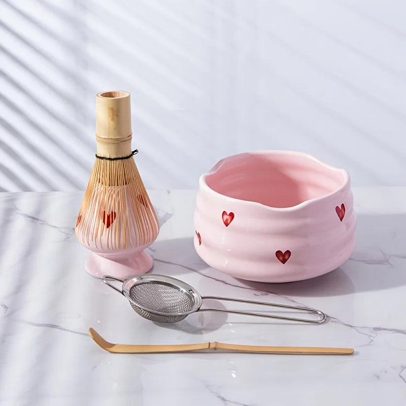 Pink Heart Ceramic Matcha Set – 5-Piece Kawaii Tea Ceremony Kit