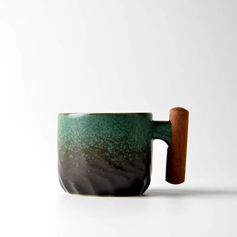 Retro Ceramic Cup with Wooden Handle – Handmade Tea & Coffee Mug