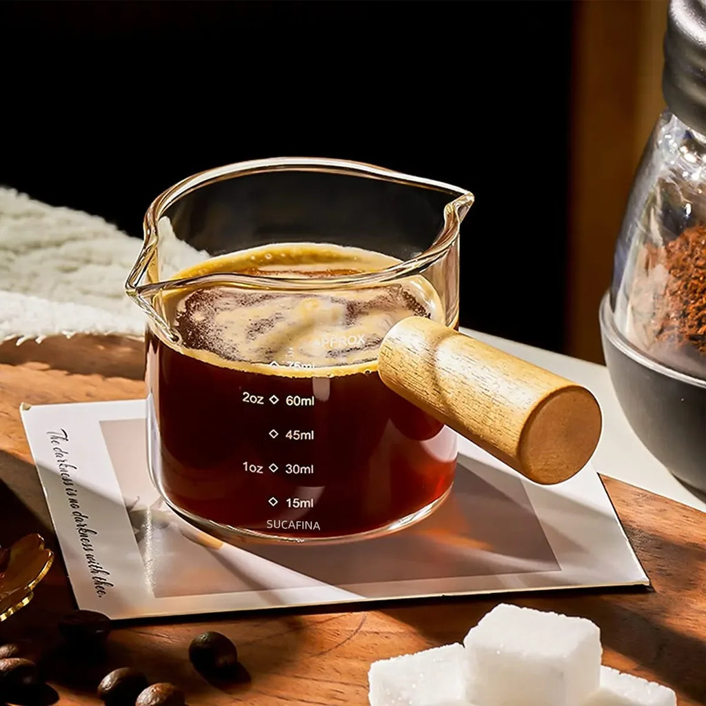 Glass Measuring Cup – Wood Handle Coffee & Milk Jug