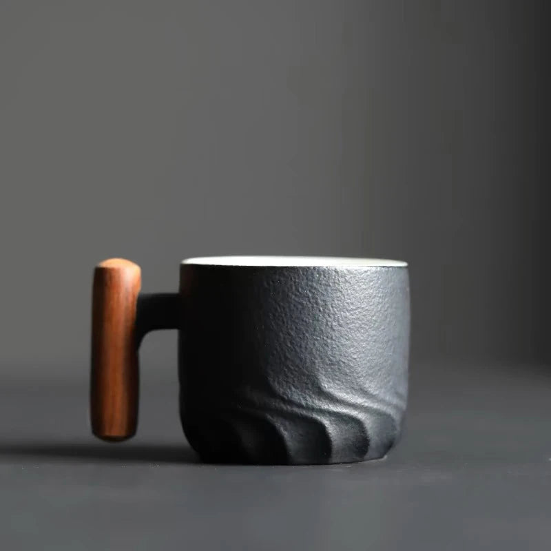 Retro Ceramic Cup with Wooden Handle – Handmade Tea & Coffee Mug