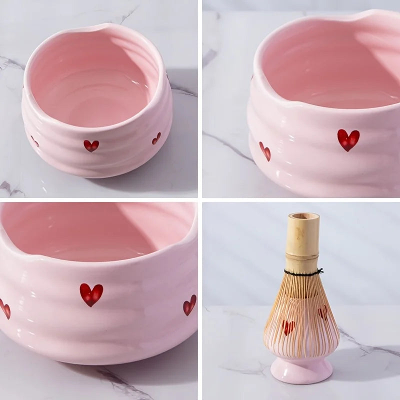 Pink Heart Ceramic Matcha Set – 5-Piece Kawaii Tea Ceremony Kit