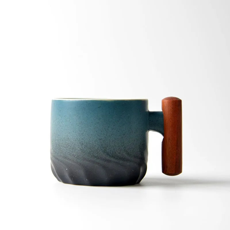 Retro Ceramic Cup with Wooden Handle – Handmade Tea & Coffee Mug