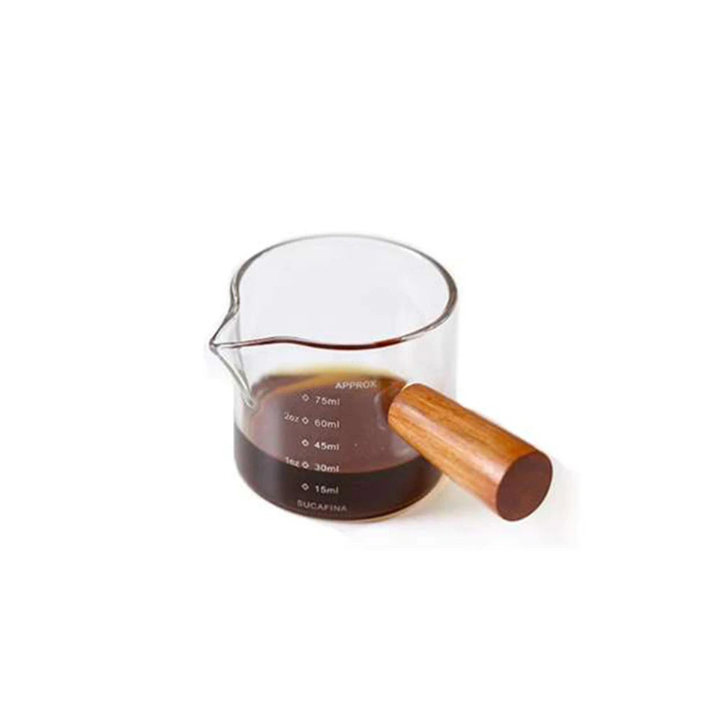 Glass Measuring Cup – Wood Handle Coffee & Milk Jug