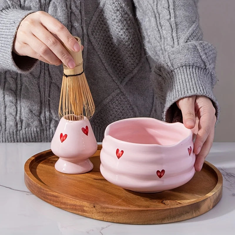 Pink Heart Ceramic Matcha Set – 5-Piece Kawaii Tea Ceremony Kit