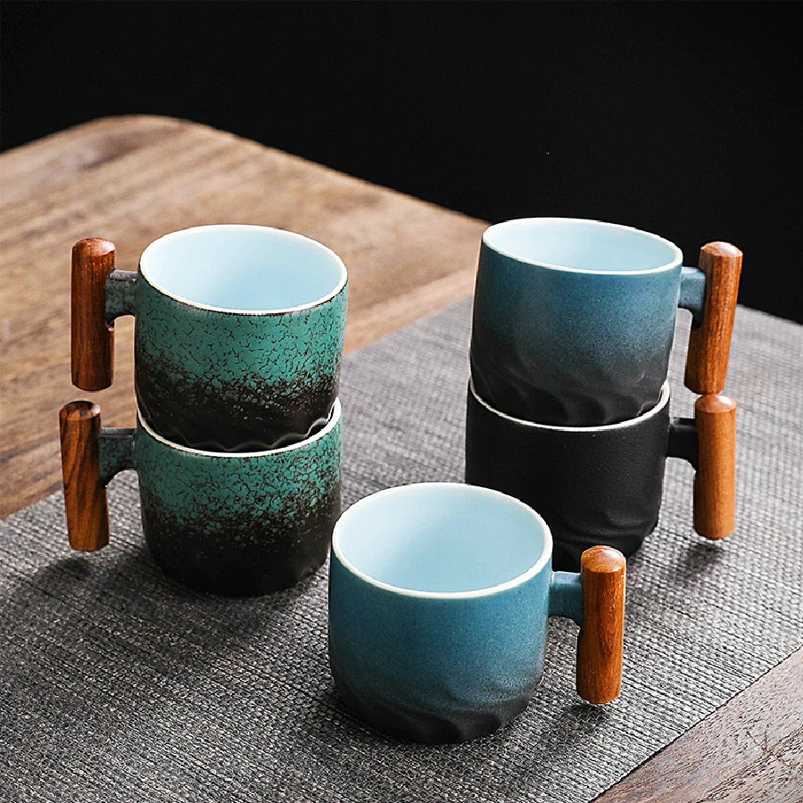 Retro Ceramic Cup with Wooden Handle – Handmade Tea & Coffee Mug
