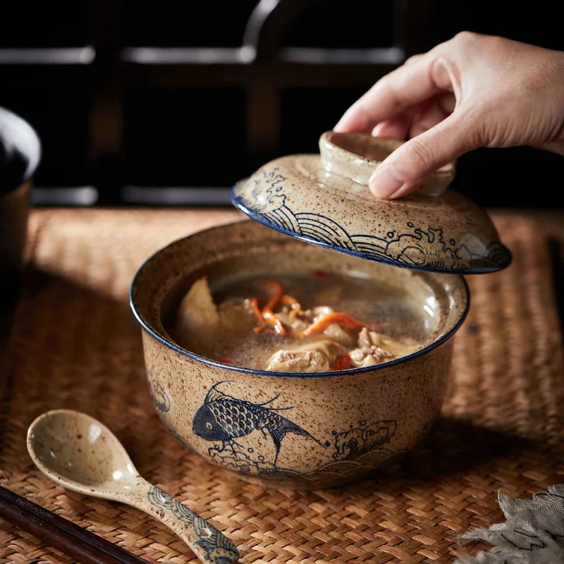 Japanese Ceramic Ramen Bowl with Lid – Floral Noodle & Soup Bowl